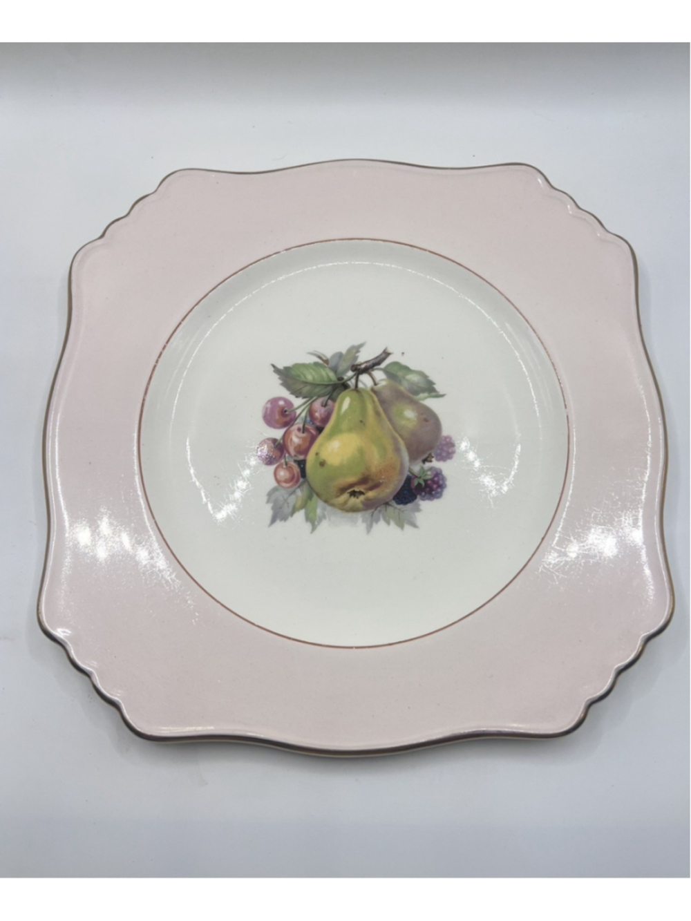 Royal Winton England Grimwades Plate 8.5” Pink Square Fruit Scalloped Gold Edges
